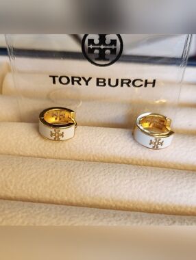 Tory Burch White and Gold Enamel Logo Huggie Earrings